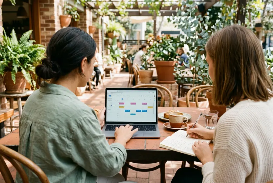 Two people at a café table learning to use a scheduling tool on a laptop
